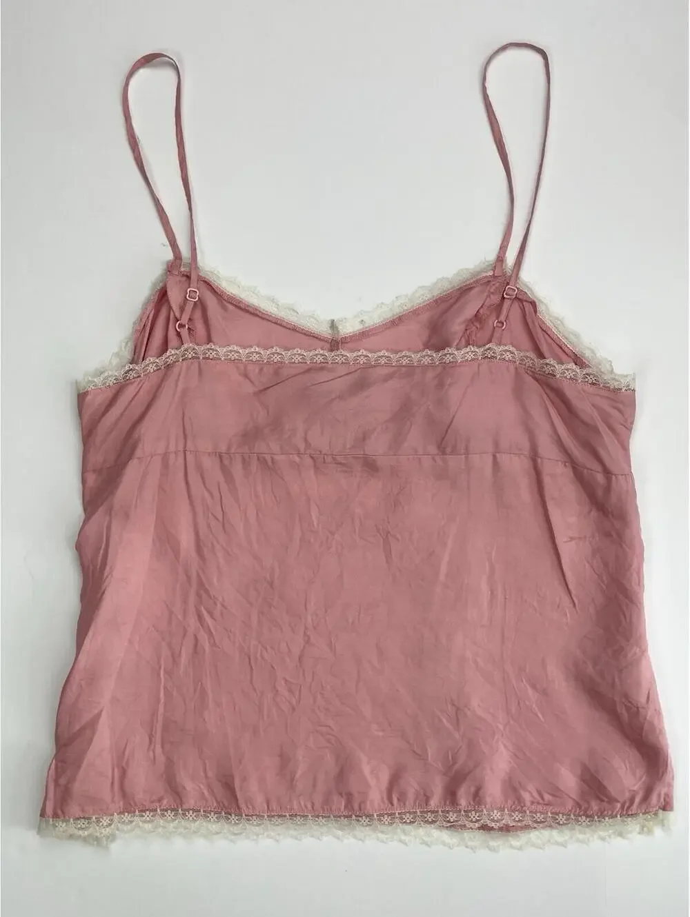 American Eagle 100% Silk Camisole Top 12 Pink Lace Trim Pintuck Boho Romantic - Picture 2 of 7